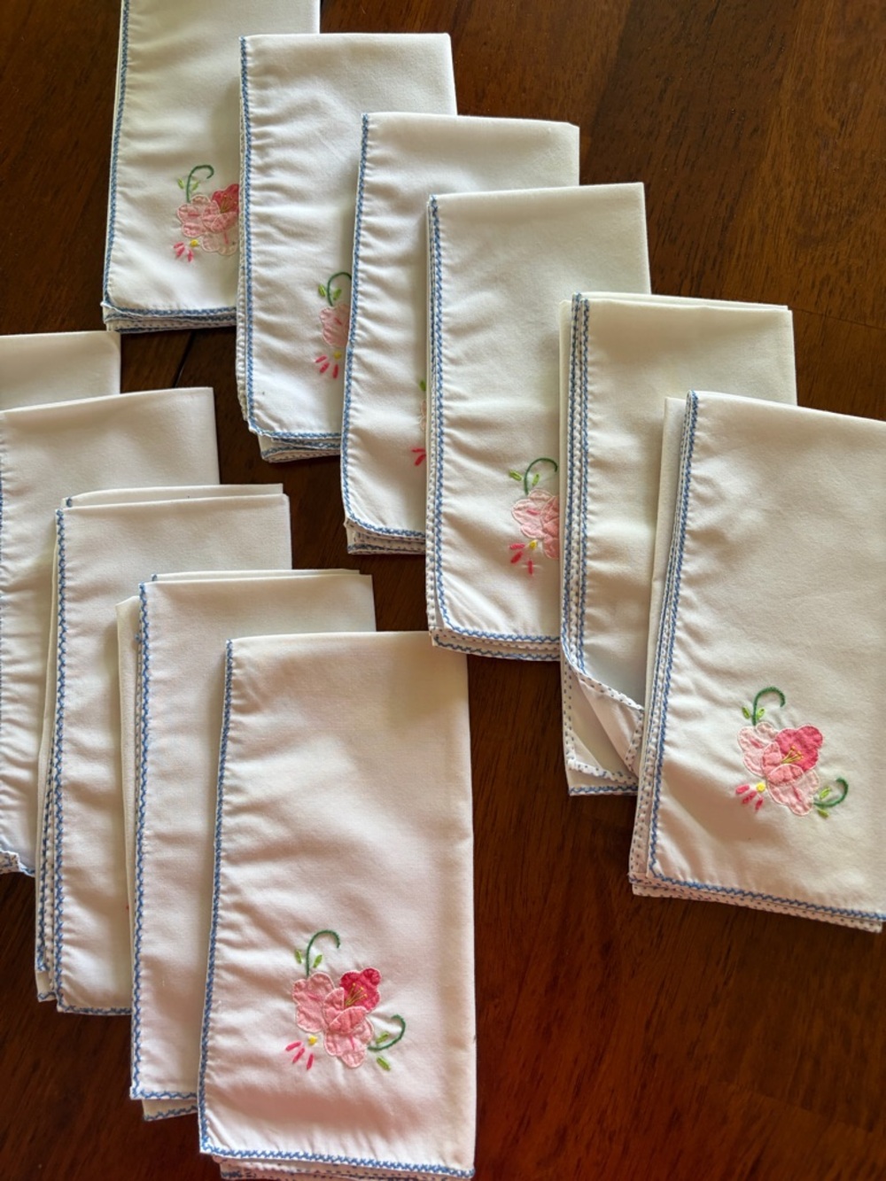 Vintage Embroidered Floral White Napkins with Blue Trim - Set of 11